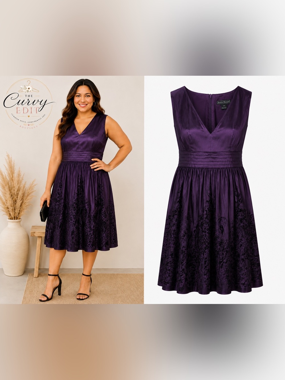Jessica Howard Sleeveless Fit & Flare Dress Plum Satin Floral Detail | 24W